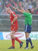 12 December 2010; Munster's Paul O'Connell is shown the red card by referee Christophe Berdos. Heineken Cup Pool 3 - Round 3, Munster v Ospreys, Thomond Park, Limerick. Picture credit: Matt Browne / SPORTSFILE