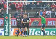 12 December 2010; Tommy Bowe, Ospreys, is congratulated by team-mates Barry Davies, and Dan Biggar, 10, after scoring his side's first try. Heineken Cup Pool 3 - Round 3, Munster v Ospreys, Thomond Park, Limerick. Picture credit: Diarmuid Greene / SPORTSFILE