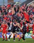 12 December 2010; Alun Wyn Jones, Ospreys, wins possession for his side in the lineout against Mick O'Driscoll, Munster. Heineken Cup Pool 3 - Round 3, Munster v Ospreys, Thomond Park, Limerick. Picture credit: Matt Browne / SPORTSFILE