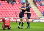 3 September 2016; Ronan O'Mahony, left, celebrates with Tyler Bleyendaal, right, of Munster after scoring his sides second try during the Guinness PRO12 Round 1 match between Scarlets and Munster at Parc Y Scarlets in Llanelli, Wales. Photo by Huw Evans/Sportsfile