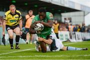 3 September 2016; Niyi Adeolokun of Connacht scores his side's first try of the match despite the attempted tackle by Henry Pyrgos of Glasgow Warriors during the Guinness PRO12 Round 1 match between Connacht and Glasgow Warriors at the Sportsground, Galway. Photo by Seb Daly/Sportsfile