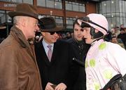 15 December 2010; Jockey Paul Townend, right, in conversation with owner Rich Ricci, centre, and trainer Willie Mullins after winning The Bar One Racing Royal Bond Novice Hurdle on Zaidipour. Fairyhouse Racecourse, Fairyhouse, Co. Meath. Picture credit: Barry Cregg / SPORTSFILE