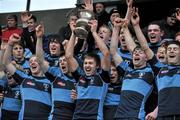 15 December 2010; Newpark Comprehensive captain Fergus Halpin celebrates with his team-mates at the end of the game after winning the McMullen Cup. McMullen Cup Final, Skerries C.C. v Newpark Comprehensive, Donnybrook, Dublin. Picture credit: David Maher / SPORTSFILE