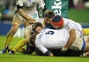 18 December 2010; Nathan Hines, Leinster, is stopped short of the line by Thibaut Privat, ASM Clermont Auvergne, no try was awarded by Television Match Official Derek Bevan. Heineken Cup, Pool 2, Round 4, Leinster v ASM Clermont Auvergne, Aviva Stadium, Lansdowne Road, Dublin. Picture credit: Brendan Moran / SPORTSFILE