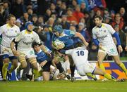 18 December 2010; Sean O'Brien, Leinster, breaks past the tackle of Brock James, ASM Clermont Auvergne, on his way to scoring his side's third try. Heineken Cup, Pool 2, Round 4, Leinster v ASM Clermont Auvergne, Aviva Stadium, Lansdowne Road, Dublin. Picture credit: Brendan Moran / SPORTSFILE