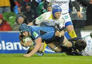 18 December 2010; Sean O'Brien, Leinster, touches down to score his side's third try. Heineken Cup, Pool 2, Round 4, Leinster v ASM Clermont Auvergne, Aviva Stadium, Lansdowne Road, Dublin. Picture credit: Brendan Moran / SPORTSFILE