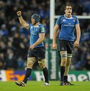 18 December 2010; Sean O'Brien, Leinster, celebrates at the final whistle as team mate Devin Toner looks on. Heineken Cup, Pool 2, Round 4, Leinster v ASM Clermont Auvergne, Aviva Stadium, Lansdowne Road, Dublin. Picture credit: Matt Browne / SPORTSFILE