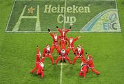 18 December 2010; Performance artists dressed as Santa Claus make a human pyramid during the pre-match entertainment before the game. Heineken Cup, Pool 2, Round 4, Leinster v ASM Clermont Auvergne, Aviva Stadium, Lansdowne Road, Dublin. Picture credit: Brendan Moran / SPORTSFILE