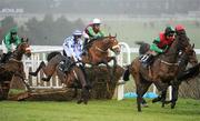 30 December 2010; Battling Boru, with Bryan Cooper up, crash at the first fence during The Bord na Mona Clean Water Maiden Hurdle. Leopardstown Christmas Racing Festival 2010, Leopardstown Racecourse, Leopardstown, Dublin. Picture credit: Stephen McCarthy / SPORTSFILE