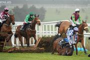 30 December 2010; Battling Boru, with Bryan Cooper up, crash at the first fence during The Bord na Mona Clean Water Maiden Hurdle. Leopardstown Christmas Racing Festival 2010, Leopardstown Racecourse, Leopardstown, Dublin. Picture credit: Stephen McCarthy / SPORTSFILE