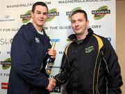 7 January 2011; Jonathan Sexton is presented with the Man of the Match trophy by Derek Kelly from Magners. Celtic League, Leinster v Ospreys,  RDS, Ballsbridge, Dublin. Picture credit: Matt Browne / SPORTSFILE