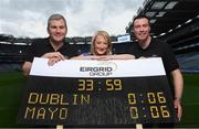 9 September 2016; Former Dublin player Ray Cosgrove and former Mayo manager James Horan were in Croke Park in Dublin today to launce the EirGrid Digital Clock &amp; Scoreboard Competition. EirGrid, the Official Timing Sponsor of Croke Park, are giving one club in each province the chance to win a digital clock and scoreboard. To enter please log onto www.eirgridgroup.com/eirgrid-time-is-now and submit 200 words as to why your club deserves this prize. Pictured are, from left, former Mayo manager James Horan, Rosemary Steen, Director of External Affairs at EirGrid, and former Dublin player Ray Cosgrove. Photo by Ramsey Cardy/Sportsfile