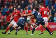 9 September 2016; Rory Scannell of Munster is tackled by Gareth Anscombe, left, and Josh Navidi of Cardiff Blues during the Guinness PRO12 Round 2 match between Munster and Cardiff Blues at Irish Independent Park in Cork. Photo by Piaras Ó Mídheach/Sportsfile