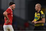 9 September 2016; Billy Holland of Munster in conversation with referee Ian Davies during the Guinness PRO12 Round 2 match between Munster and Cardiff Blues at Irish Independent Park in Cork. Photo by Piaras Ó Mídheach/Sportsfile