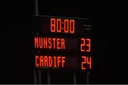 9 September 2016; A general view of the scoreboard after the Guinness PRO12 Round 2 match between Munster and Cardiff Blues at Irish Independent Park in Cork. Photo by Piaras Ó Mídheach/Sportsfile