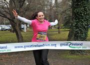 11 January 2011; Fair City star Aoibheann McCaul was put through her paces today at the launch of the Great Ireland Run! Over 12,000 people are expected to take part in this annual event which will see participants running a 10k course through the Phoenix Park in Dublin. Thousands of runners will be raising money for charities including the Run's two nominated charities, the Marie Keating Foundation and Our Lady’s Hospice & Care Services. For more information or to register to take part, log onto www.greatirelandrun.org. RTÉ, Donnybrook, Dublin. Picture credit: David Maher / SPORTSFILE