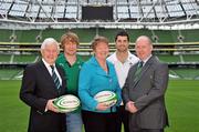 10 January 2011; At the announcement that Ulster Bank will become the Official Community Partner to the IRFU, in the Aviva Stadium, are, from left, John Hussey, Vice President of the IRFU, Ellvena Graham, Director of Business Services Ireland, Ulster Bank, Irish International players Rob Kearney and Jerry Flannery and Ireland senior squad head coach Declan Kidney. The partnership includes title sponsorship of the All Ireland League and the Irish Club International team until 2014. The announcement also introduces a new club volunteer initiative, Ulster Bank RugbyForce, where selected clubs will receive funding to renovate their facilities. Clubs can register online at www.ulsterbank.com/rugby. Aviva Stadium, Lansdowne Road, Dublin. Picture credit: Brendan Moran / SPORTSFILE