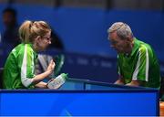 10 September 2016; Rena McCarron Rooney of Ireland with her team leader, and husband, Ronan Rooney during the SF1 - 2 Women's Singles Quarter Final against Su-Yeon Seo of Republic of Korea at Riocentro Pavilion 3 arena during the Rio 2016 Paralympic Games in Rio de Janeiro, Brazil. Photo by Diarmuid Greene/Sportsfile