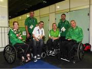 10 September 2016; Rena McCarron Rooney of Ireland after her SF1 - 2 Women's Singles Quarter Final against Su-Yeon Seo of Republic of Korea, with Eimear Breathnach, Paralympics Ireland vice president, Paralympics Ireland Performance Director Dave Malone, Jimmy Gradwell, Paralympics Ireland president, Chef de Mission Denis Toomey, and her team leader, and husband, Ronan Rooney at the Riocentro Pavilion 3 arena during the Rio 2016 Paralympic Games in Rio de Janeiro, Brazil. Photo by Diarmuid Greene/Sportsfile