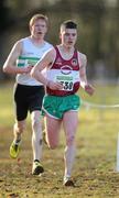 16 January 2011; Shane Fitzsimmons, Mullingar Harriers AC, Mullingar, Co. Westmeath, leads Sean Tobin, Clonmel AC, Clonmel, Co. Tipperary, in action in the Boy's U-17 5000m race during the AAI Woodies DIY Novice and Juvenile Uneven Ages Cross Country Championships. Tullamore Harriers Stadium, Tullamore, Co. Offaly. Picture credit: Barry Cregg / SPORTSFILE