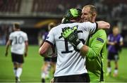 15 September 2016; Ciaran Kilduff of Dundalk celebrates with goalkeeper Gary Rogers at the end of the UEFA Europa League Group D match between AZ Alkmaar and Dundalk at AZ Stadion in Alkmaar, Netherlands. Photo by David Maher/Sportsfile