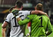15 September 2016; Ciaran Kilduff of Dundalk celebrates with goalkeeper Gary Rogers at the end of the UEFA Europa League Group D match between AZ Alkmaar and Dundalk at AZ Stadion in Alkmaar, Netherlands. Photo by David Maher/Sportsfile