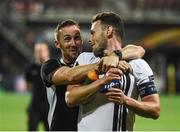 15 September 2016; Andy Boyle of Dundalk celebrates with team trainer Graham Byrne at the end of the UEFA Europa League Group D match between AZ Alkmaar and Dundalk at AZ Stadion in Alkmaar, Netherlands. Photo by David Maher/Sportsfile
