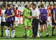 15 September 2016; Stephen Kenny manager of Dundalk congratulates Gary Rogers at the end of the UEFA Europa League Group D match between AZ Alkmaar and Dundalk at AZ Stadion in Alkmaar, Netherlands. Photo by David Maher/Sportsfile