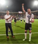 15 September 2016; Goalscorer Ciaran Kilduff of Dundalk celebrates with manager Stephen Kenny at the end of the UEFA Europa League Group D match between AZ Alkmaar and Dundalk at AZ Stadion in Alkmaar, Netherlands. Photo by David Maher/Sportsfile