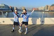 20 January 2011; At the launch of the Dublin Spring Series as part of the Allianz National Leagues are twins and Jedward fans Odhrán, left, and Ellen Ryan, age 8, from Templeogue, Dublin. The Dublin Spring Series will kick off on Saturday, 19th February when the hurlers take on All-Ireland champions Tipperary and the footballers play All-Ireland champions Cork with Jedward providing the entertainment between games. The Series will consist of eight games being played in Croke Park; four football, two hurling, one camogie and one ladies football along with four music gigs all of which can be attended for just €45. For more information or to buy tickets please log on to www.gaa.ie or www.ticketmaster.ie. Sir John Rogerson's Quay, Samuel Beckett Bridge, Dublin. Picture credit: Brendan Moran / SPORTSFILE