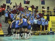 20 January 2011; The Holy Family Newbridge, Kildare, players and their supporters celebrate after their side scored a point. 2010/11 Republic of Ireland Schools Senior Volleyball Championship Girls A Final, St. Raphael’s Loughrea, Galway v Holy Family Newbridge, Kildare, National Basketball Arena, Tallaght, Dublin. Picture credit: Barry Cregg / SPORTSFILE