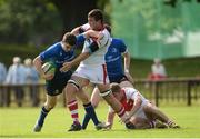 17 September 2016; Cormac Foley of Leinster is tackled by Oisin Kiernan of Ulster during the U18 Schools Interprovincial Series Round 3 match between Ulster and Leinster at Methodist College in Belfast.  Photo by Oliver McVeigh/Sportsfile