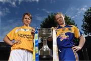 20 September 2016; Captains from all 6 TG4 All Ireland finalists assembled in Croke Park today to urge supporters to travel to the TG4 All Ireland finals and help set a new attendance record at the TG4 All Ireland Finals of over 33,000. Antrim will take on Longford in the TG4 Junior Final at 11:45am with Kildare meeting Clare in the TG4 Intermediate Final at 1:45pm. Cork will defend their TG4 Senior All- Ireland title against Dublin at 4pm with the Rebellettes hoping to make it 6 Brendan Martin Cups in a row and join Kerry as the most successful county in the history of the game with 11 All Irelands. Pictured in attendance at the event in Croke Park are Jenny McCavana, left, of Antrim and Geraldine McManus of Longford with the West County Hotel Cup. Photo by Brendan Moran/Sportsfile