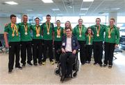 21 September 2016; Paralympics Ireland President Jimmy Gradwell with the Paralympic medallists, from left, Eoghan Clifford, Colin Lynch, Eve McCrystal, Michael McKillop, Katie-George Dunlevy, Ellen Keane, Orla Barry, Niamh McCarthy, Jason Smyth and Noelle Lenihan at the homecoming from the Rio 2016 Paralympic Games at Dublin Airport in Dublin. Photo by Matt Browne/Sportsfile
