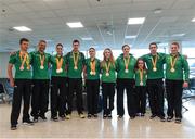 21 September 2016; Paralympic medallists, from left, Eoghan Clifford, Colin Lynch, Eve McCrystal, Michael McKillop, Katie-George Dunlevy, Ellen Keane, Orla Barry, Niamh McCarthy, Jason Smyth and Noelle Lenihan at the homecoming from the Rio 2016 Paralympic Games at Dublin Airport in Dublin. Photo by Matt Browne/Sportsfile