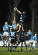 28 January 2011; Fergal Walsh, Shannon, wins possession in the line-out ahead of Aaron McCloskey and Frank McKenna, left, Garryowen. Ulster Bank All-Ireland League Division 1A, Garryowen v Shannon, Garryowen FC, Dooradoyle, Limerick. Picture credit: Diarmuid Greene / SPORTSFILE