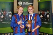 29 January 2011; Player of the Tournament Julie-Ann Russell, left, and captain Jenny Critchley with the cup after victory over IT Sligo. Womens Soccer Colleges Association of Ireland National Futsal Final, University of Limerick, Limerick. Picture credit: Diarmuid Greene / SPORTSFILE
