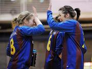 29 January 2011; Jenny Downey, left, and Lorna O'Connell, UL, celebrate at the final whsitle after victory over IT Sligo. Womens Soccer Colleges Association of Ireland National Futsal Final, University of Limerick, Limerick. Picture credit: Diarmuid Greene / SPORTSFILE