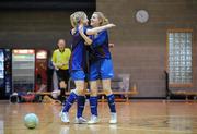29 January 2011; UL captain Jenny Critchley, right, and Ruth Fahy celebrate at the final whsitle after victory over IT Sligo. Womens Soccer Colleges Association of Ireland National Futsal Final, University of Limerick, Limerick. Picture credit: Diarmuid Greene / SPORTSFILE