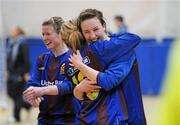 29 January 2011; Karen Duggan, right, and Julie-Ann Russell, UL, celebrate at the final whsitle after victory over IT Sligo. Womens Soccer Colleges Association of Ireland National Futsal Final, University of Limerick, Limerick. Picture credit: Diarmuid Greene / SPORTSFILE