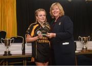 24 September 2016; LGFA President Marie Hickey presents Saoirse O'Donnell of Naomh Anna, Co Galway, with her runners up trophy during the Ladies Football All-Ireland Junior Club Sevens at Naomh Mearnóg GAA Club, Portmarnock, Dublin. Photo by Sam Barnes/Sportsfile