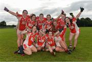 24 September 2016; Players from Kilkerrin Clonberne, Galway, celebrate victory over Emyvale, Monaghan, in the Ladies Football All-Ireland Senior Club Sevens Championship Final at Naomh Mearnóg GAA in Portmarnock, Dublin. Photo by Piaras Ó Mídheach/Sportsfile