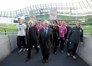 1 February 2011; The John Giles Foundation in association with 3, have launched the 'Walk of Dreams', the fundraising walk will take place on Sunday, 27th March at 3pm in 14 locations nationwide. Bringing together people who love football from all over Ireland to raise funds for the beautiful game and the John Giles Foundation, to continue the growth of football. The ‘Walk of Dreams’ will take place in Letterkenny, Sligo, Castlebar, Galway City, Ennis, Limerick City, Tralee, Cork City, Athlone, Thurles, Waterford City, Enniscorthy, Dublin City, from Aviva Stadium, and Dundalk. The John Giles Foundation was founded to use football as a vehicle for social change, to build community cohesion, increase participation and to improve health and education by providing funding to help football in clubs, schools and community groups in Ireland. Half of the funds raised will be retained by participating football clubs while the other half will go to the Foundation for community football projects in clubs, schools and community groups throughout Ireland. Visit www.johngilesfoundation.com for more details. At the launch is John Giles, joined by Elaine Carey Sales & Marketing Director with 3, Eamon Dunphy, Gerry Davis, FAS Course Co-ordinator, right, and players from clubs around the country who take part in the FAI / FAS Soccer Youth Development Course in Irishtown Stadium. Aviva Stadium, Lansdowne Road, Dublin. Picture credit: Brian Lawless / SPORTSFILE