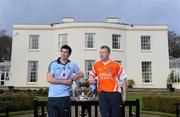 2 February 2011; At the Belfast launch of the Allianz Football Leagues 2011 are Michael Darragh MacAuley, Dublin, left, and Ronan Clarke, Armagh, with the Allianz Football League Division 1 trophy. Allianz Football Leagues 2011 Belfast Launch, Malone House, Barnett Demesne, Belfast, Co. Antrim. Picture credit: Oliver McVeigh / SPORTSFILE