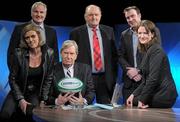 4 February 2011; RTÉ Sport confirmed that Ulster Bank will sponsor RTÉ’s comprehensive coverage of the RBS 6 Nations Championship 2011 across RTÉ Television, RTÉ Radio 1 and RTÉ.ie kicking off this weekend. Pictured at the launch are RTE sports broadcasters George Hook, Tom McGuirk, sitting, and Brent Pope, left, with Geraldine O'Leary, left, Commercial Director RTE Television, Carol McMahon, Head of Sponsorship and Digital, Ulster Bank and Dermot Rigley, right, Cross Media Manager, RTE Sport. RTE, Donnybrook, Dublin. Photo by Sportsfile