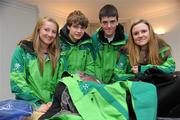 7 February 2011; Members of the Irish team competing in the European Winter Youth Olympics which start in Liberec, Czech Republic, this coming weekend gathered in Dublin to collect their Haglofs snow wear today. The Irish team is, from left to right, Victoria Bell, Hubert Gallagher, Sean Lyne, and Kristen Sweeney. The Olympic Council of Ireland, Olympic House, Howth, Co. Dublin. Picture credit: Brian Lawless / SPORTSFILE