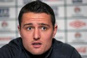 7 February 2011; Northern Ireland goalkeeper Jonathan Tuffey speaking during a press conference ahead of their Carling Four Nations Tournament match against Scotland on Wednesday. Northern Ireland press conference, Radisson Blu St. Helens Hotel, Stillorgan Road, Dublin. Photo by Sportsfile