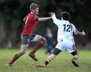 7 February 2011; Luke Trench, CUS, is tackled by Daire Henderson, Presentation College Bray. Fr Godfrey Cup Quarter-Final Replay, CUS v Presentation College Bray, St. Columba’s College, Whitechurch, Dublin. Picture credit: Stephen McCarthy / SPORTSFILE