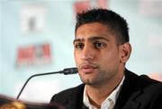 9 February 2011; Amir Khan speaking during a press conference ahead of his WBA Light-Welterweight World title fight against Paul McCloskey in the MEN Arena Manchester on April the 16th. WBA Light-Welterweight World Title Fight Press Conference, Ulster Museum, Belfast, Co. Antrim. Picture credit: Oliver McVeigh / SPORTSFILE