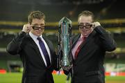 9 February 2011; Sky Sports 3D presenters Ben Shephard, left, and Gerry Armstrong before Northern Ireland's first 3D broadcast on Sky Sports, against Scotland in the Carling Four Nations Tournament. Aviva Stadium, Lansdowne Road, Dublin. Picture credit: Stephen McCarthy / SPORTSFILE